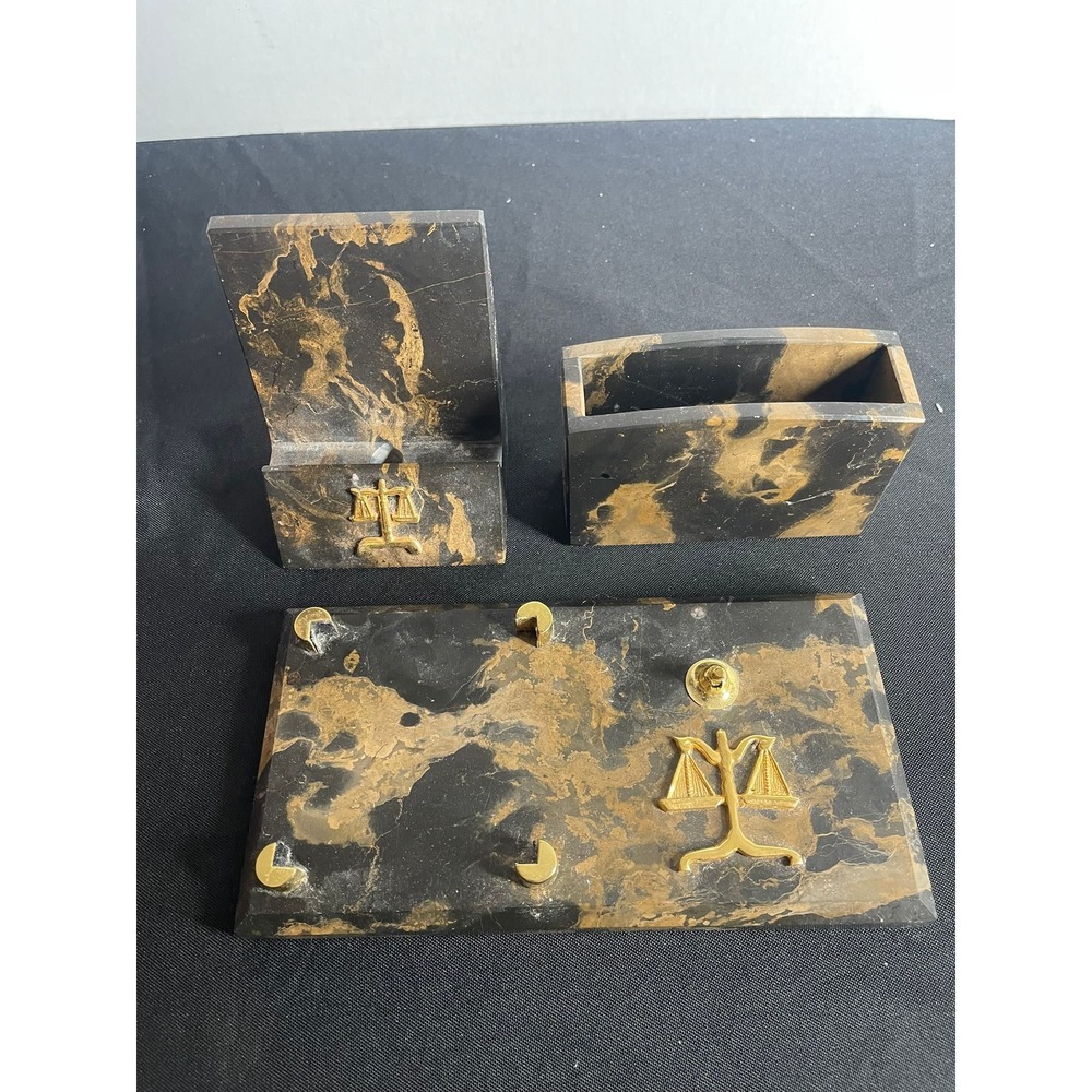 Bey-Berk‎ Black Gold Marble Desk Set Scales of Justice Legal Office 3 Piece Tray